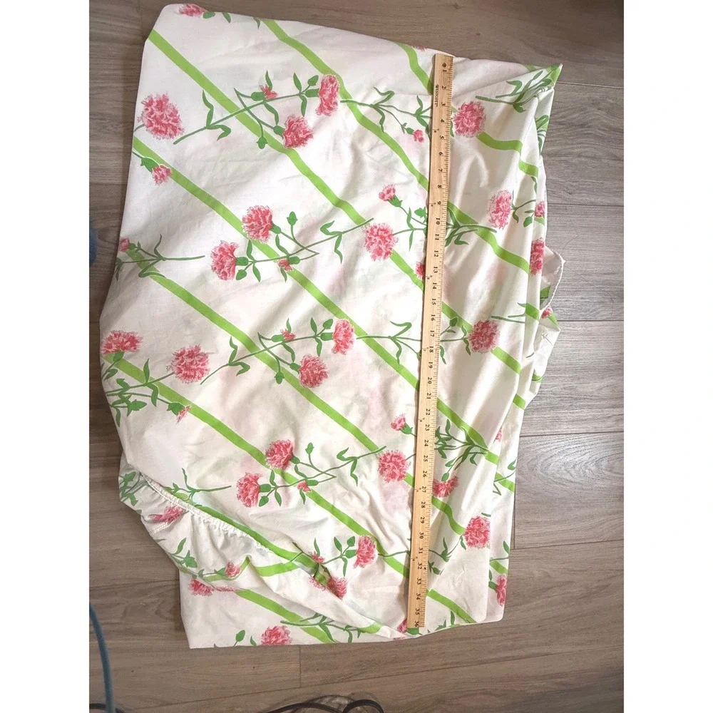Vintage Floral Fitted Sheet Pink Carnations Lime Green Stripes Cottagecore Retro